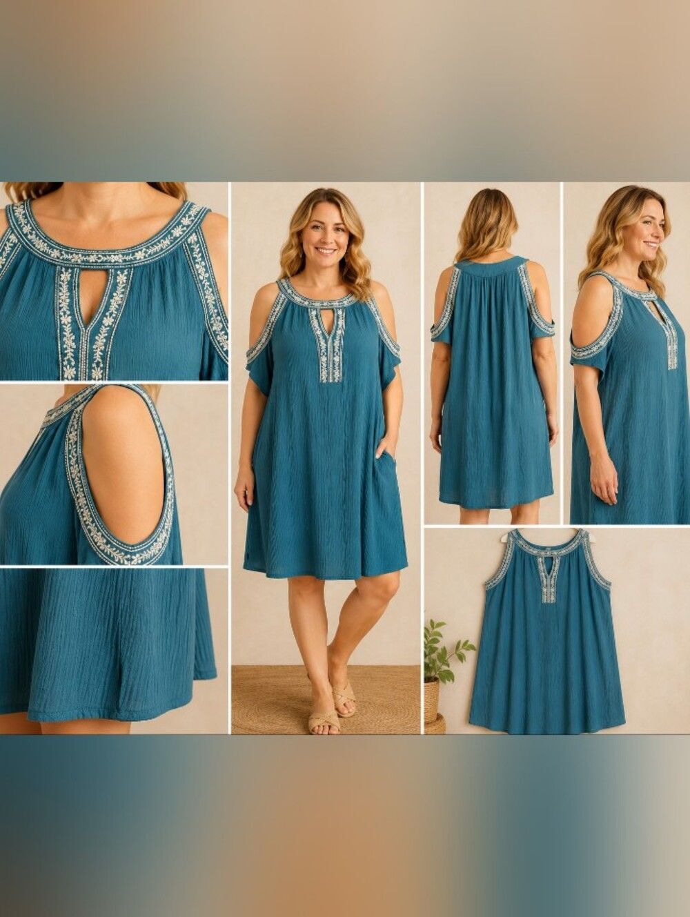 time and tru teal embroidered cold shoulder shift dress large boho l